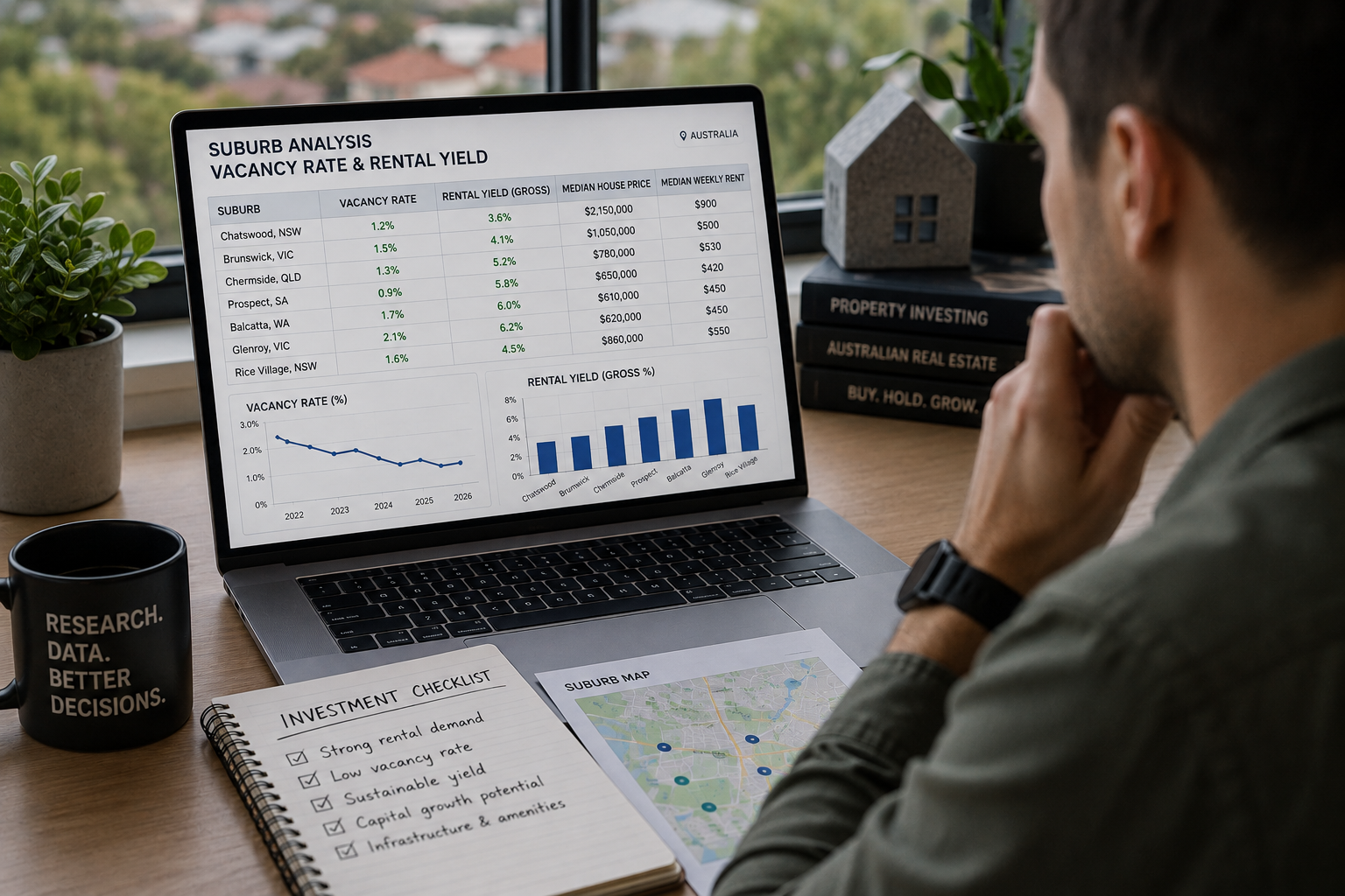 Investor reviewing Australian suburb vacancy rates and rental yield data on a laptop