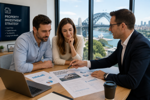 Couple reviewing property investment strategy documents with an Australian property adviser