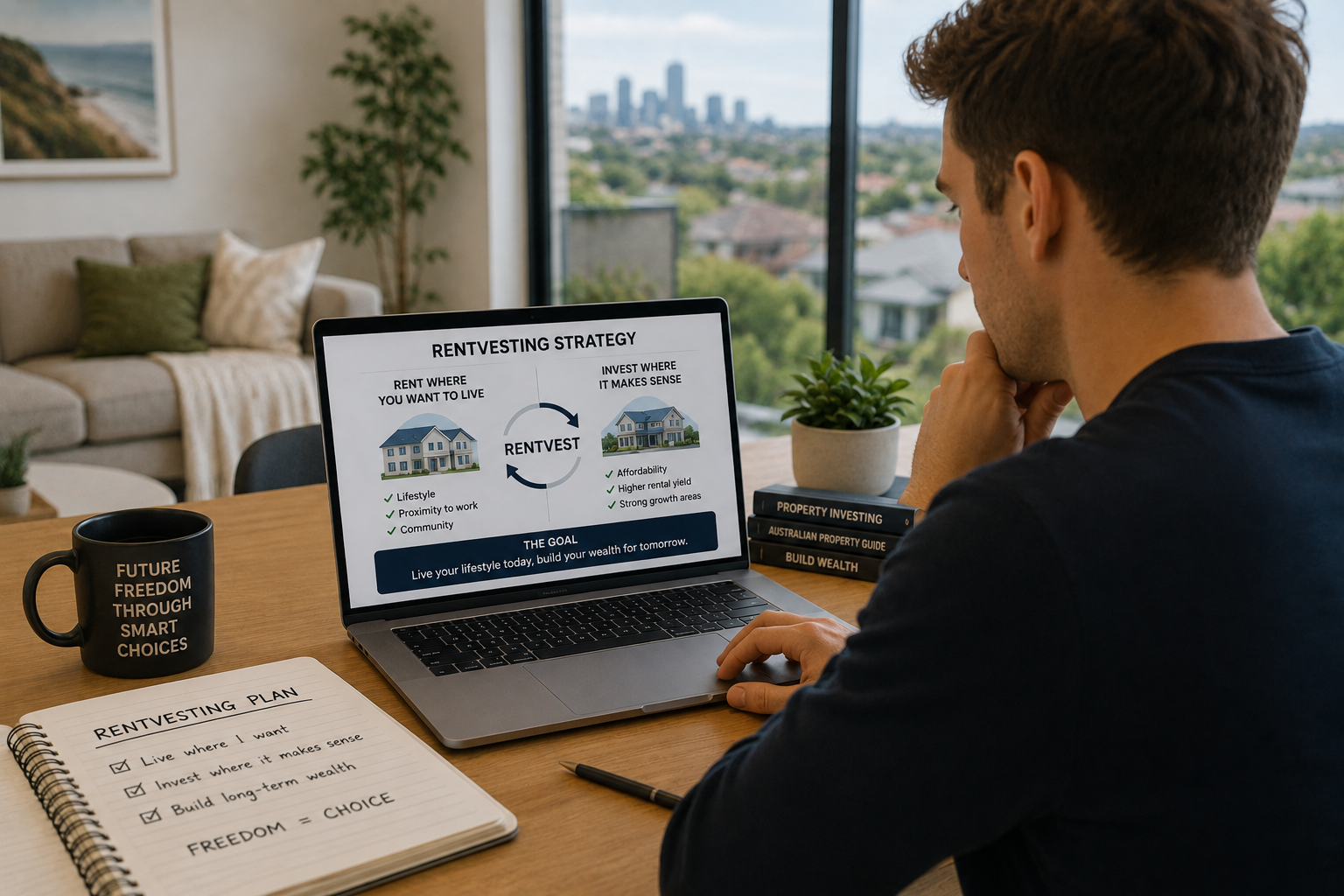 Young professional reviewing a rentvesting strategy on a laptop in an Australian home