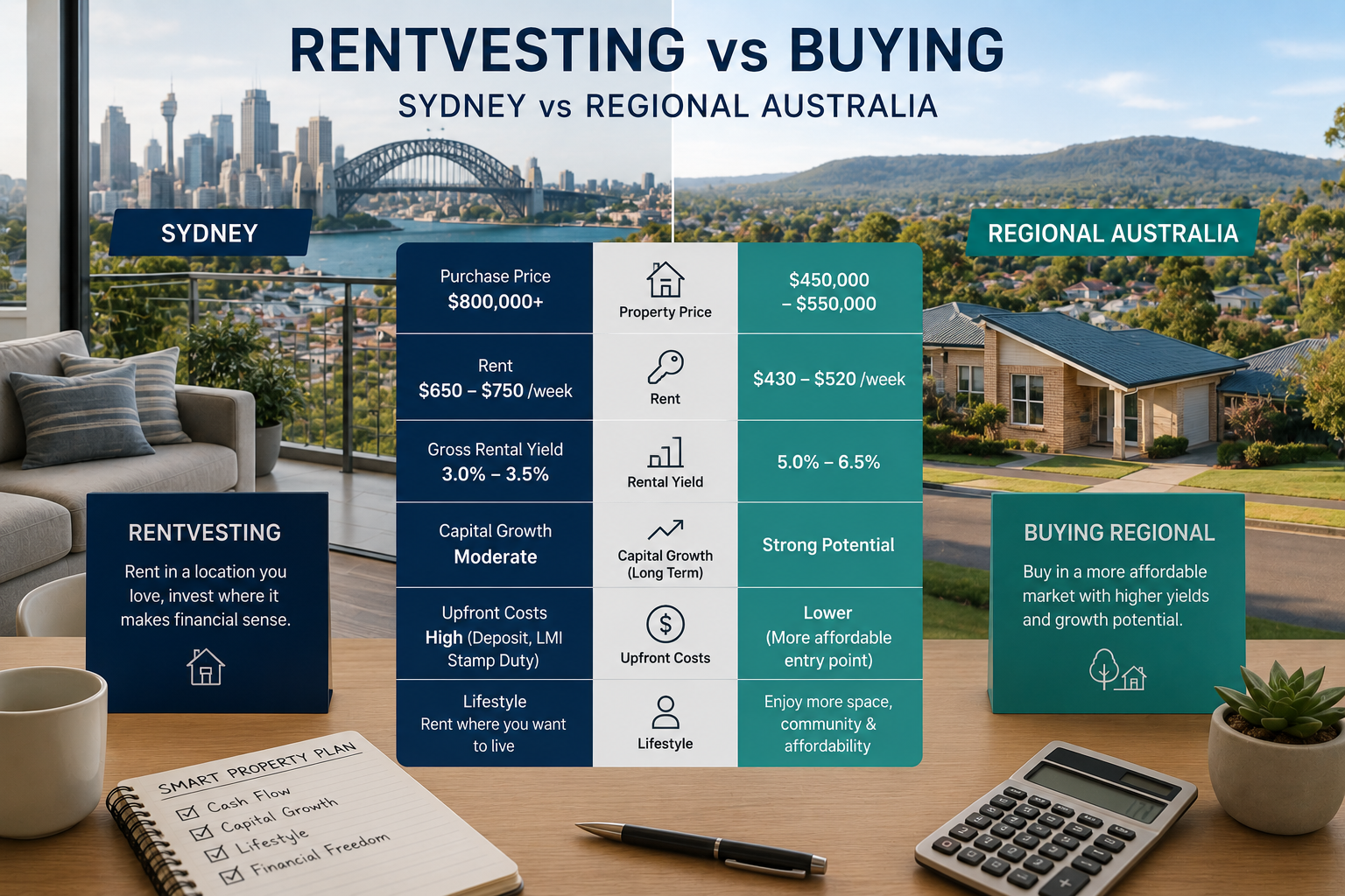 Comparison of rentvesting in Sydney versus buying an investment property in regional Australia Description:
