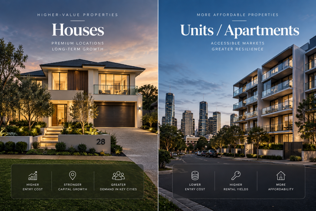 Australian property market 2026 comparison showing higher-value houses versus more affordable apartments and units, highlighting differences in property investment conditions.