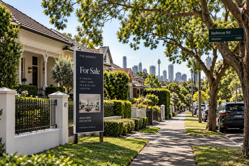 Australian property market 2026 showing a leafy suburban street, premium detached homes, a property for sale sign and Sydney city skyline in the background.