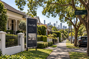 Australian property market 2026 showing a leafy suburban street, premium detached homes, a property for sale sign and Sydney city skyline in the background.